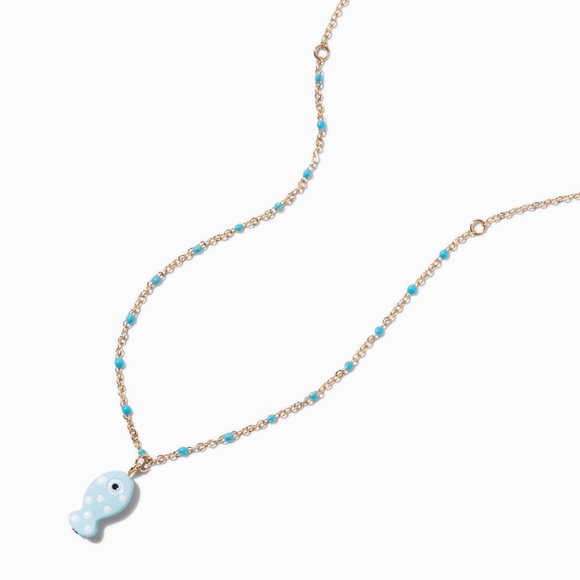Claire's Gold-tone Necklace with Green Fish Pendant and Turquoise Beads - Picture 1 of 8